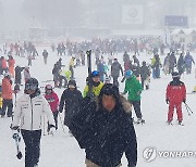 폭설 속 겨울 즐기는 스키어