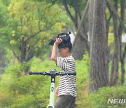 우산 대신 가방으로 비 피하는 시민