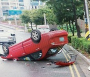 울산서 달리던 승용차 가로수 들이받고 전복…1명 부상