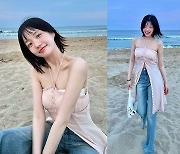 이유비, 청바지에 단추 풀고 바다 여행! 청순한 매력 튜브탑 블라우스룩