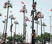 [포토]인니 독립기념일 축제…기름 장대 오르기