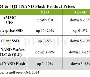 "4분기 낸드 가격 3~8% 하락…기업용 SSD도 성장세 둔화"