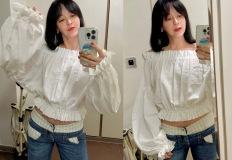 강성연, 바지 두겹 입었나? 20대 울고 갈 '파워 동안' 개미허리 뽐낸 오프숄더 데님룩 이미지