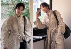"옛날얼굴 어디갔어?"동안형에서 몰라보게 갸름해진 여배우, 플리츠 셔츠코트 로맨틱룩 이미지