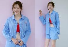 박지현, 파자마야 외출복이야? 예쁘긴 한데 헷갈리는 스트라이프 셋업 핫섬머룩 이미지