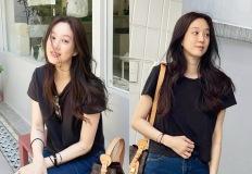 정려원, 티셔츠만 입어도 핫한 잇걸! 블랙 티와 명품 백의 미니멀 심플리티 산책룩 이미지