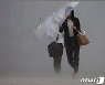 폭우 속 힘겹게 우산 쓰고 가는 도쿄 주민들