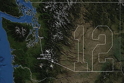 슈퍼볼에 진출한 시애틀 씨호크(Seattle Seahawks)를 응원하기 위해, 지도 위에 12를 그린 보잉(Boeing) 747의 비행.